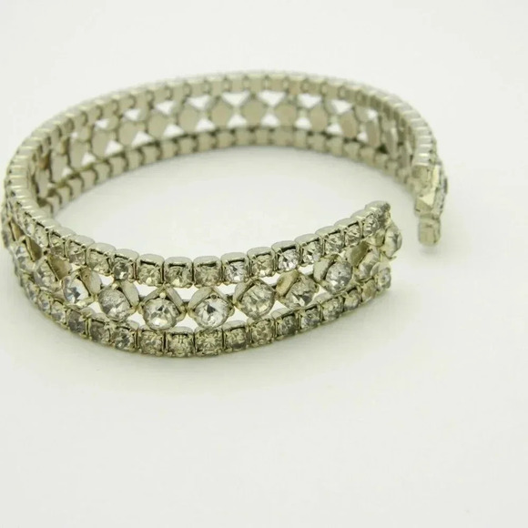 Clear Rhinestone Art Deco Style Silver Tone Cuff - Picture 4 of 5